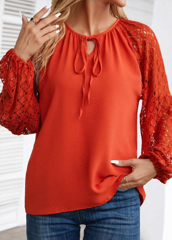 Mesh Orange Round Neck Long Sleeve Blouse