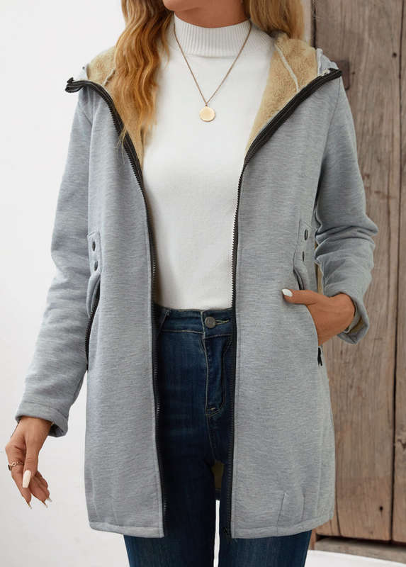 Pocket Grey Hooded Long Sleeve Coat
