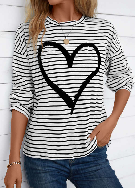 Striped White Round Neck Long Sleeve T Shirt
