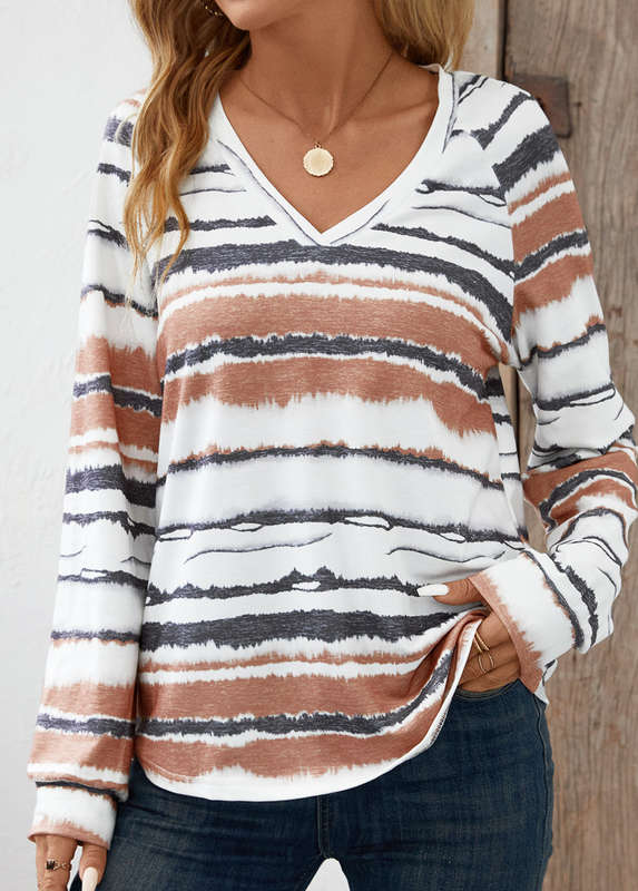Patchwork Striped White V Neck Long Sleeve T Shirt