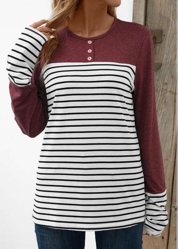 Patchwork Striped Wine Red Round Neck T Shirt
