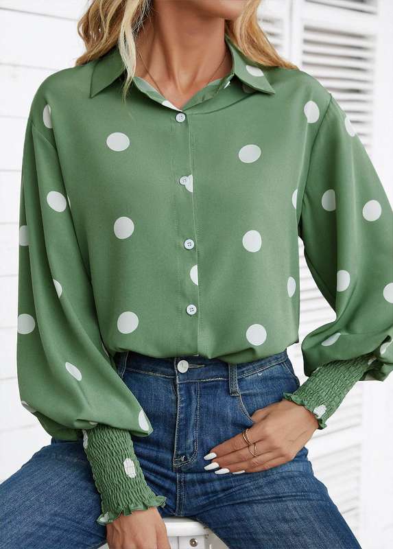 Smocked Polka Dot Grass Green Shirt Collar Blouse