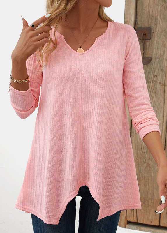 Asymmetry Light Pink Split Neck Long Sleeve T Shirt