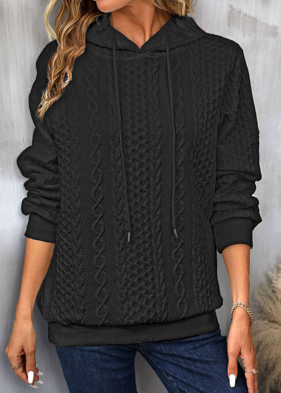 Drawstring Twisted Black Long Sleeve Hoodie