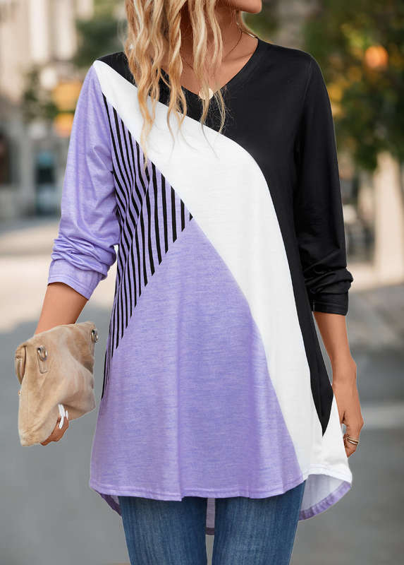 Asymmetry Geometric Print Light Purple V Neck T Shirt