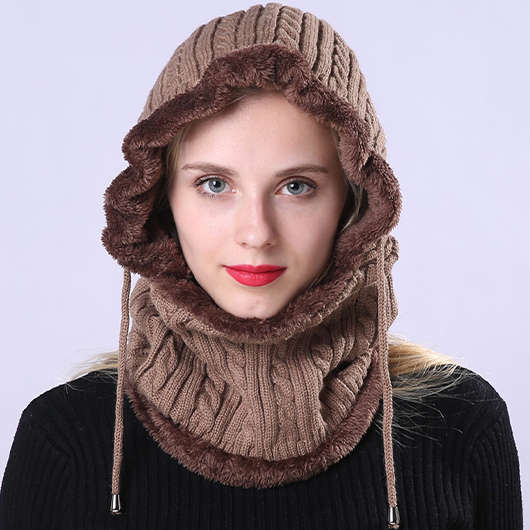 Warming Drawstring Dark Camel Hat Beanie