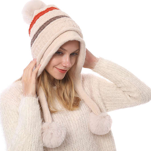 Geometric Striped Plush Beige Knitted Hat
