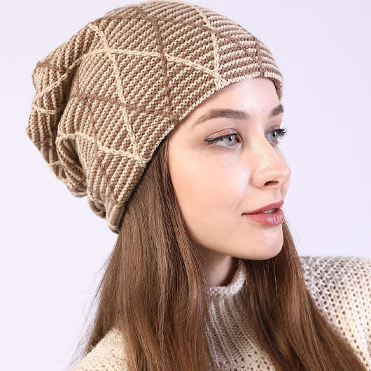 Geometric Print Light Coffee Grid Hat Beanie