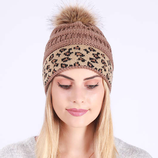 Puff Ball Leopard Light Coffee Beanie Hat