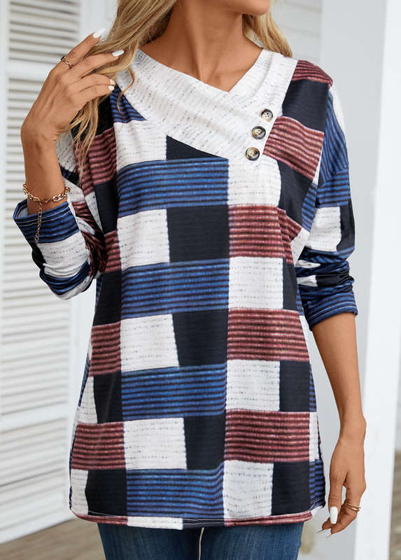 Patchwork Geometric Print Beige Asymmetrical Neck T Shirt