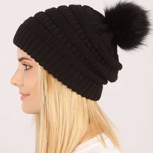 Puff Ball Black Acrylic Beanie Hat
