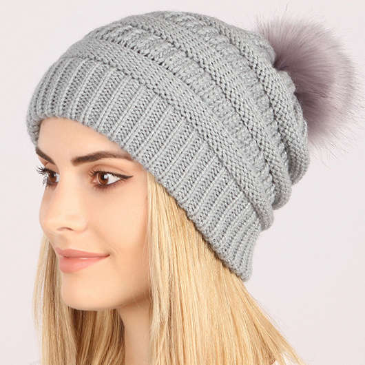Puff Ball Light Grey Acrylic Beanie Hat