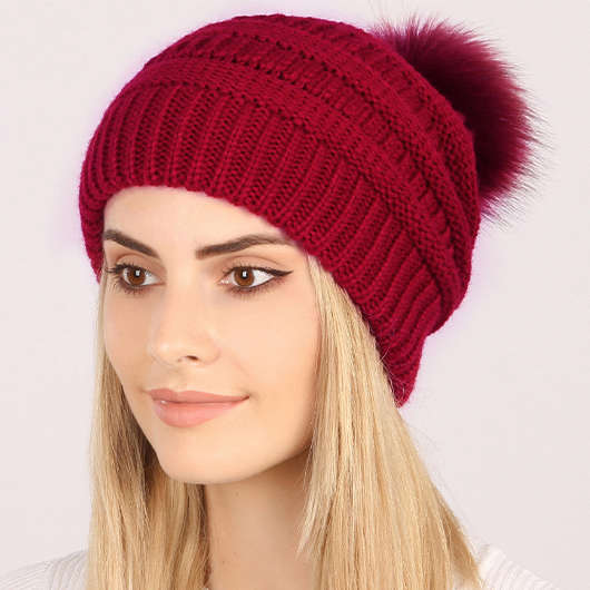 Puff Ball Wine Red Acrylic Beanie Hat