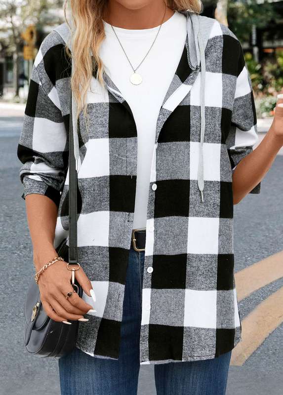 Button Plaid Black Hooded Long Sleeve Coat