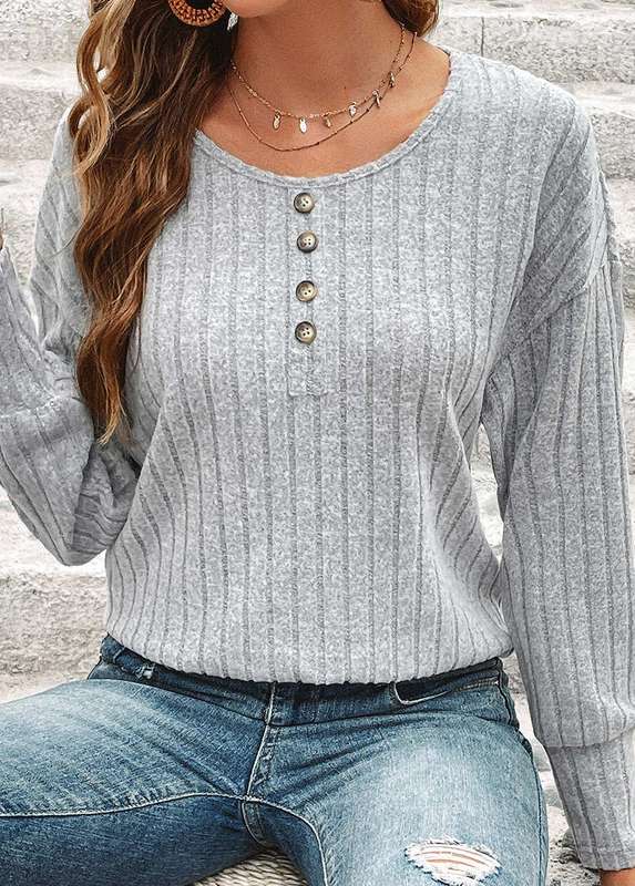 Button Light Grey Marl Round Neck T Shirt
