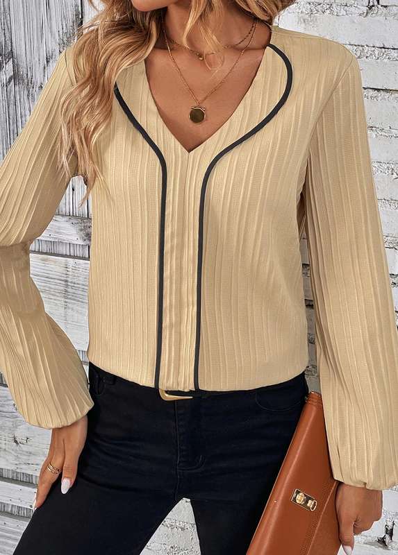 Contrast Binding Light Camel V Neck Long Sleeve Blouse