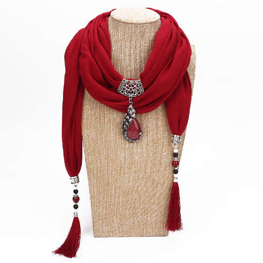 Geometric Wine Red Tassel Pendant Scarf