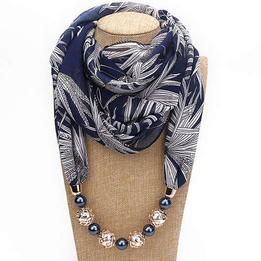 Tribal Print Geometric Beaded Navy Scarf