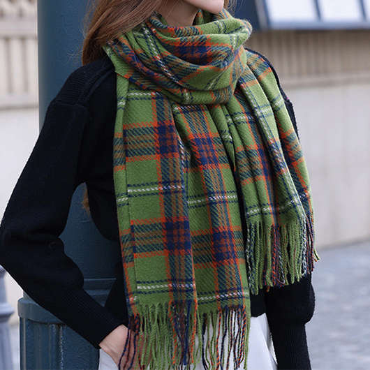 Plaid Tassel Striped Olive Green Shawl Scarf