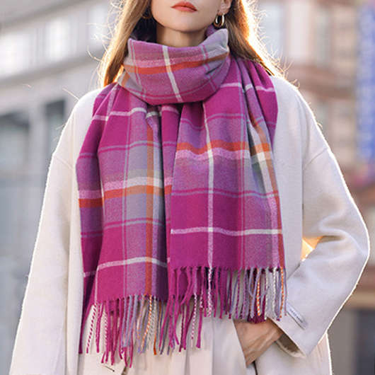 Plaid Striped Tassel Dark Reddish Purple Shawl Scarf