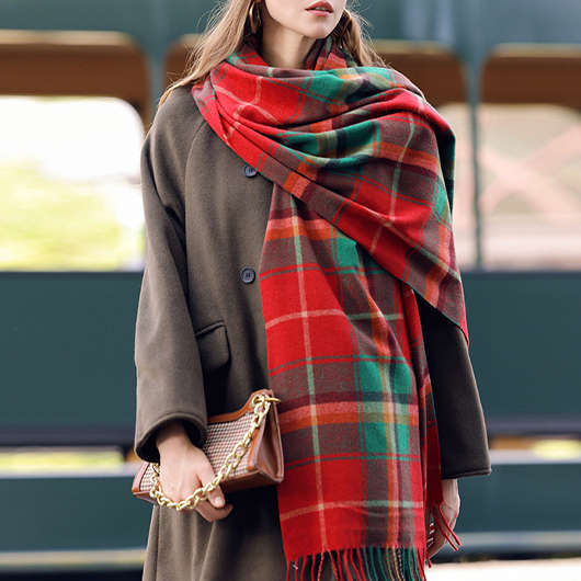 Plaid Striped Tassel Red Shawl Scarf