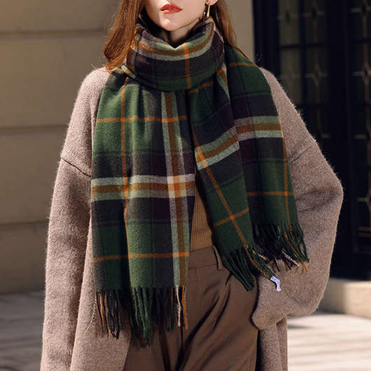 Plaid Striped Tassel Olive Green Shawl Scarf