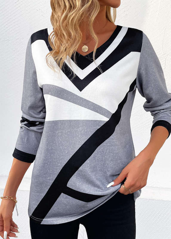 Patchwork Striped Grey V Neck Long Sleeve T Shirt