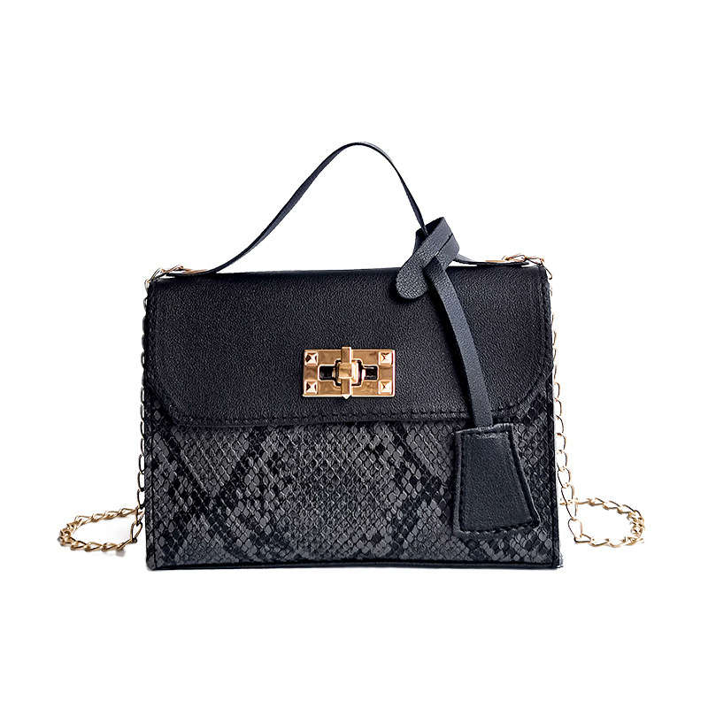 Snakeskin Print Black Chains Turnlock Crossbody Bag