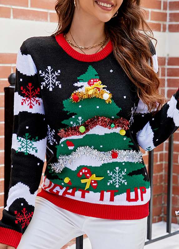 Christmas Tree Print Black Round Neck Long Sleeve Sweater