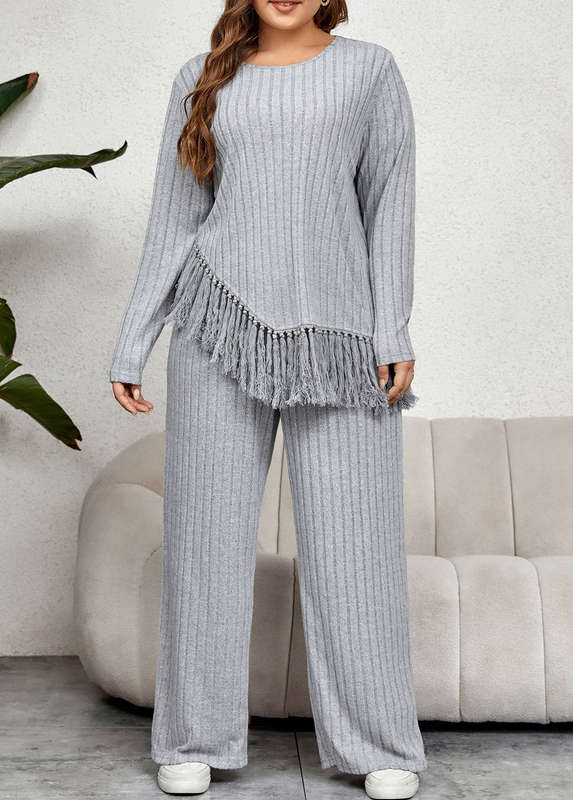 Plus Size Light Grey Tassel Lounge Top and Pants