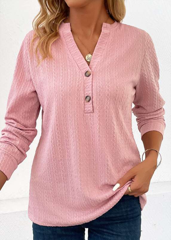 Button Pink Split Neck Long Sleeve Blouse