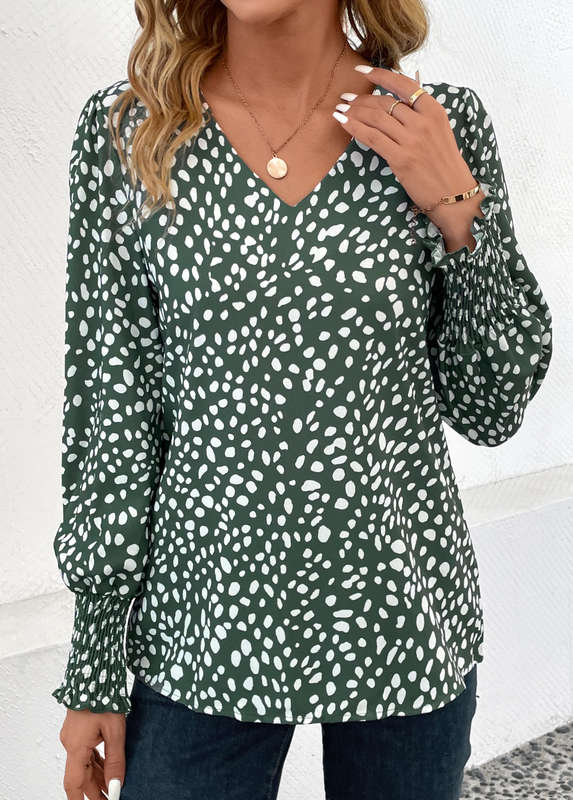 Smocked Polka Dot Turquoise V Neck Long Sleeve Blouse