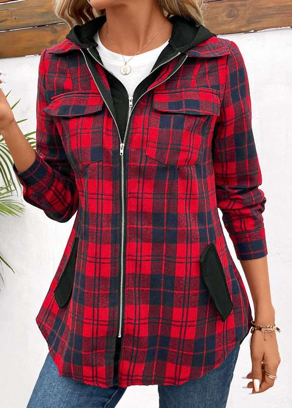 Patchwork Plaid Red Hooded Long Sleeve Coat