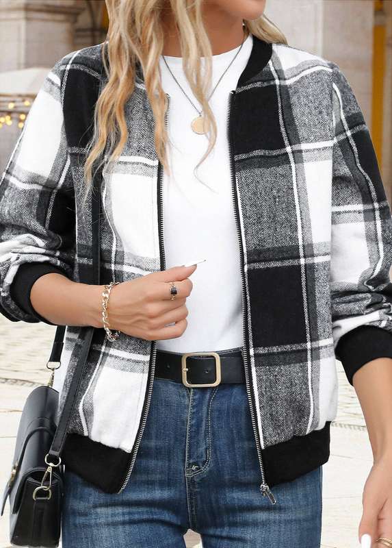 Zipper Plaid Black Long Sleeve Coat