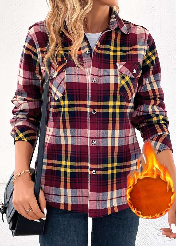 Button Plaid Wine Red Shirt Collar Blouse
