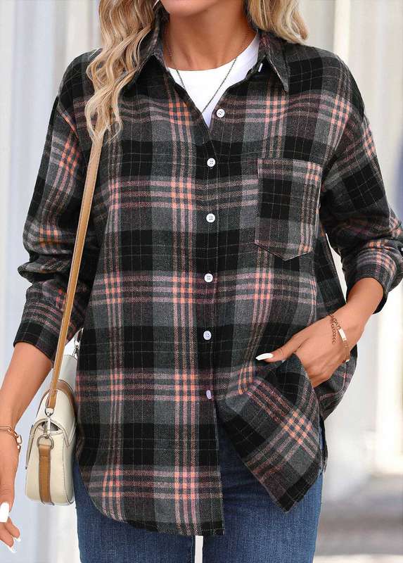 Button Plaid Dusty Pink Shirt Collar Long Sleeve Blouse