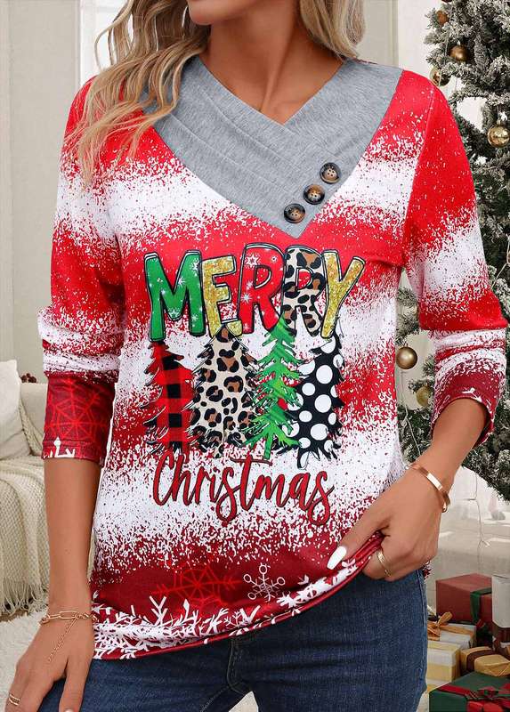 Button Christmas Print Red Asymmetrical Neck T Shirt