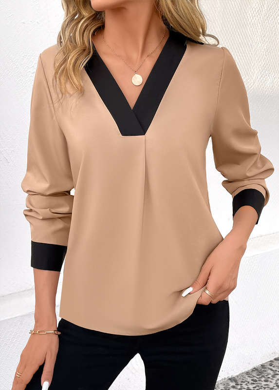 Patchwork Light Camel V Neck Long Sleeve Blouse