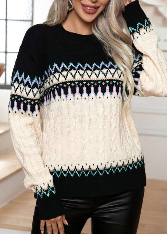 Weave Tribal Print Black Round Neck Long Sleeve Sweater