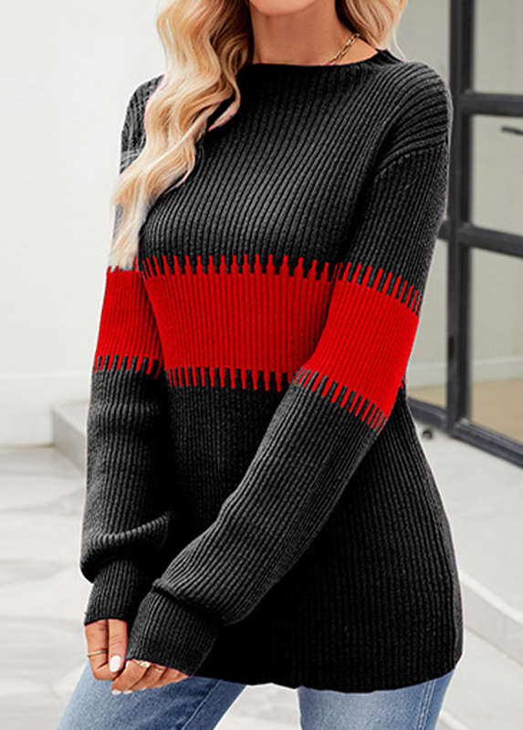 Patchwork Black Stand Collar Long Sleeve Sweater