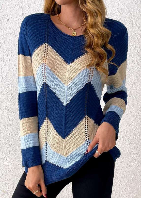 Hole Geometric Print Round Neck Long Sleeve Sweater
