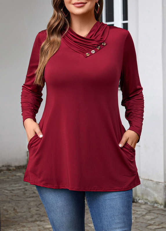 Plus Size Button Wine Red V Neck T Shirt