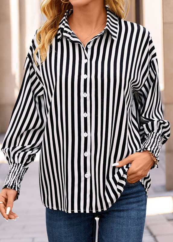 Button Striped Black Shirt Collar Long Sleeve Blouse