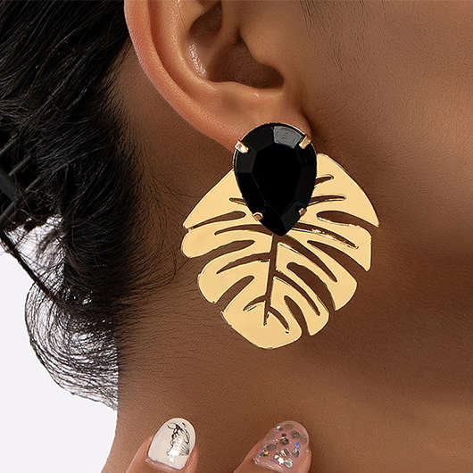 Leaf Cutout Waterdrop Black Metal Earrings