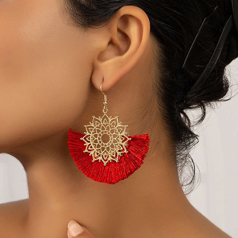 Red Hollow Tassel Floral Alloy Earrings