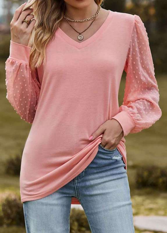 Patchwork Dusty Pink V Neck Long Sleeve T Shirt