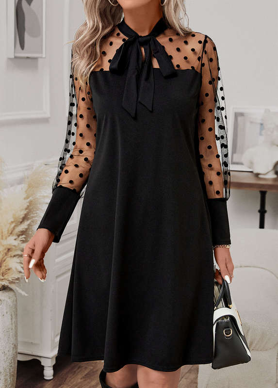 Patchwork Polka Dot Black Lace Up Collar Dress