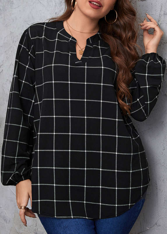 Plus Size Split Black Plaid Long Sleeve Blouse