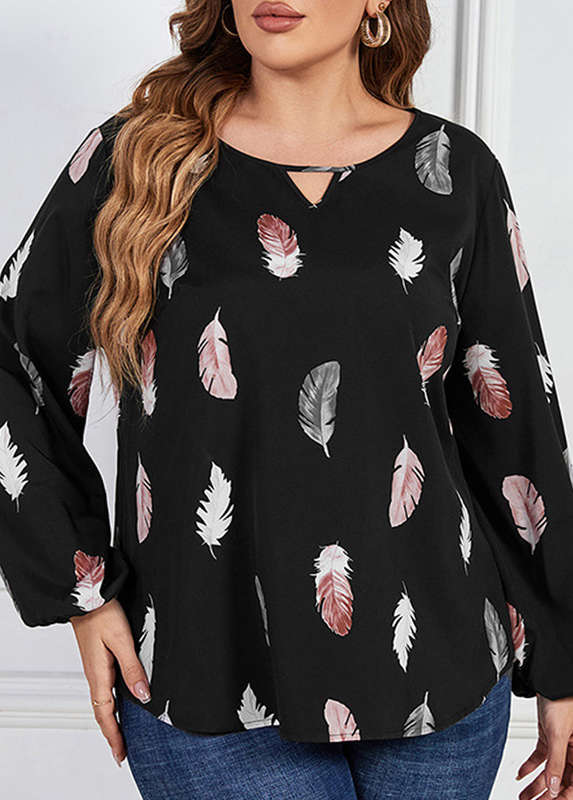 Plus Size Cut Out Black Leaf Print Blouse