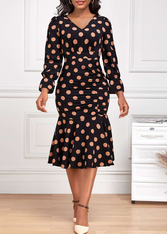 Ruched Polka Dot Black V Neck Dress